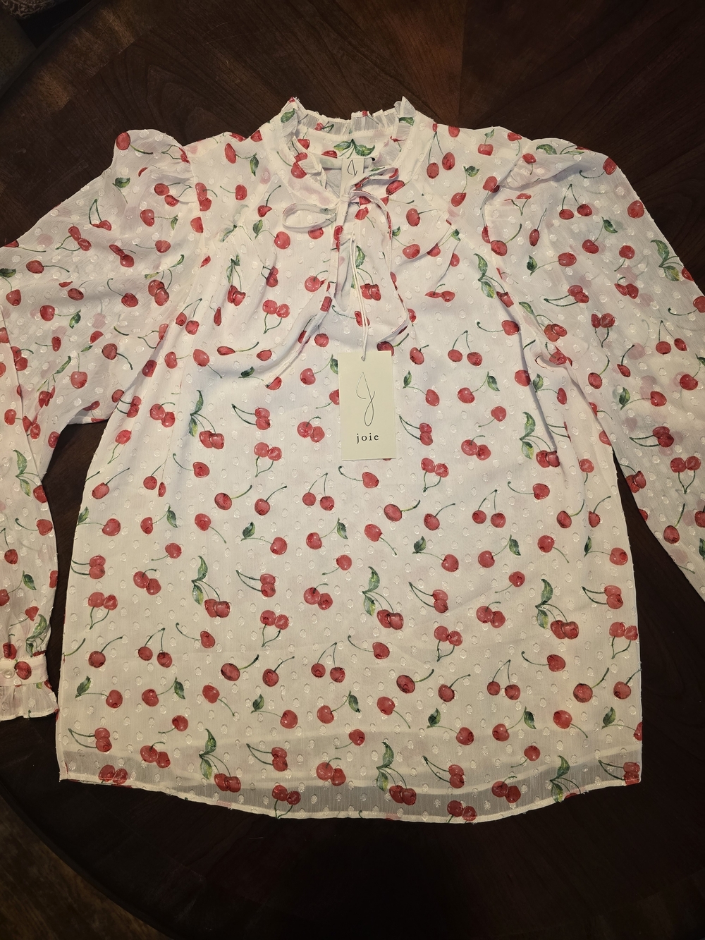 Joie White Cherry-Print Tie Neck Blouse